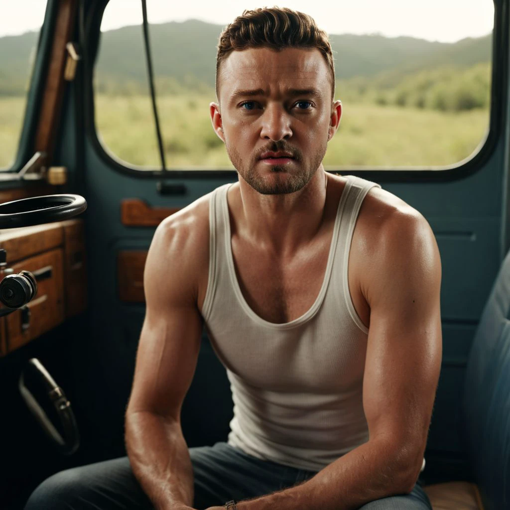 low camera shot, Justin Timberlake a man <lora:Justin-Timberlake:1> , rugged,detailed face, sitting legs crossed inside cabin lorry, legs dangling, wearing tank top, sunlight, barefoot, masterpiece,8k,depth of field, bokeh, detailed,sharp focus,,elegant, cinematic lighting, ,photorealistic, taken using a Leica SL2 & the APO-Summicron-SL 28 f/2 ASPH lens, shutter speed 1/200s, ISO 100 and natural light, Hyper Realistic Photography, Cinematic, Cinema, Hyperdetail, UHD, Color Correction, hdr, color grading, hyper realistic CG animation ((remarkable color)), (ultra realistic), textured skin, remarkable detailed pupils, ((realistic dull skin noise)), ((visible skin detail)), ((skin fuzz)), shot with cinematic camera, 3D render, ((hyper realism)), sharp focus, cinematic lighting, photo realistic, hyper realistic. 4k, natural, global illumination, caustics, ratytracing, Unreal Engine, highly detailed, High dynamic range, vivid, rich details, clear shadows and highlights, realistic, intense, enhanced contrast, highly detailed <lora:add-detail-xl:1>