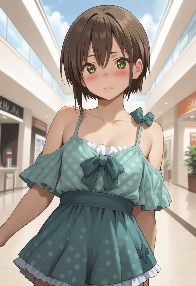 solo, 1boy, male, otoko_no_ko-kun, embarrased, blush, BREAK green dress, frills, bow, polka dot, bare shoulders, green skirt, BREAK outdoors, mall, colorful, looking at viewer, portrait, BREAK ((ultra-detailed)), ((best quality)), ((best quality)), ((beautiful eyes)), ((extremely detailed)), 4K, (8K), best quality, (beautiful), Master piece, highres, score_9, score_8_up, score_7_up, score_6_up, score_5_up, score_4_up, colorful, best quality, official art, highres, masterpiece, nai3, god light, detailed background, high quality background,