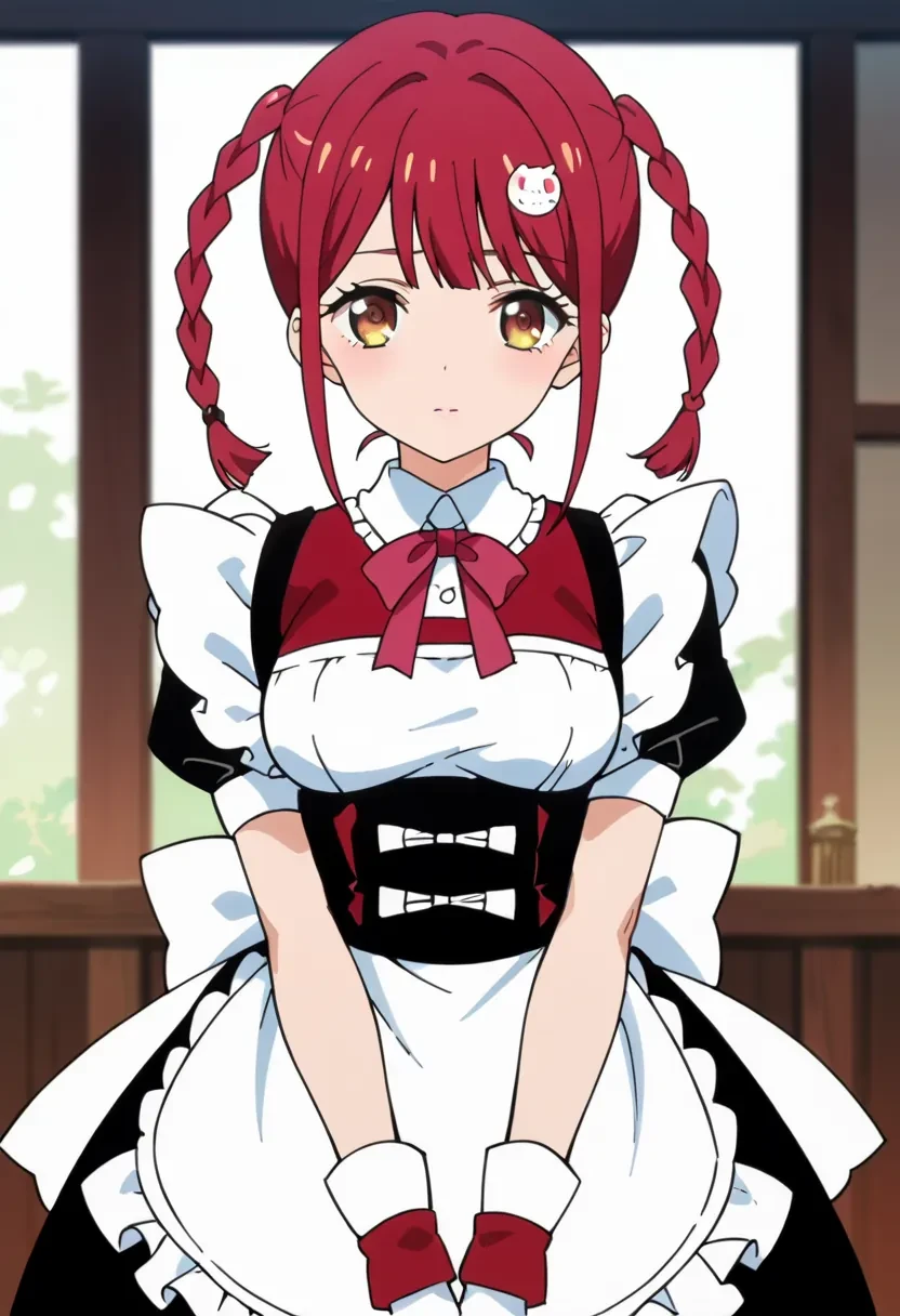 score_9, score_8_up, score_7_up, score_6_up,
source_anime, masterpiece, anime screencap,

Tokonome Mamori, source_anime, 1girl, solo, bangs, hair ornament, brown eyes, braid, red hair, twin braids

maid clothes,