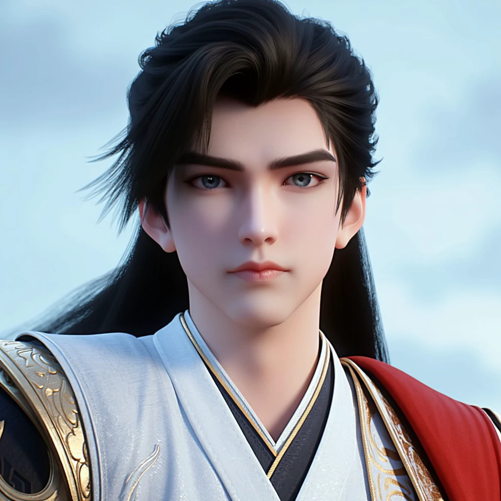 The image is a highly detailed CGI rendering of a young man shihao with a striking, almost ethereal appearance. He has fair skin and a delicate, almost translucent complexion. His facial features are finely chiseled, with high cheekbones, a narrow nose, and full, slightly parted lips. His dark, straight hair is styled in a dramatic, voluminous manner, cascading over his shoulders and framing his face. The hair is meticulously detailed with individual strands that appear realistic and glossy.
The man's eyes are large and almond-shaped, with a soft, blue hue that conveys a sense of calmness and depth. His expression is neutral, with a hint of a subtle, almost wistful smile. He is dressed in traditional Chinese attire, specifically a high-collared, white garment adorned with intricate golden embroidery. Over his shoulders, a red sash is visible, adding a splash of color to the image.
The background is a gradient of soft, muted blues, suggesting a serene sky or a distant landscape. The lighting is natural, casting soft shadows that accentuate the man's features and clothing textures. The overall mood of the image is serene and contemplative, capturing the essence of traditional Chinese aesthetics in a modern digital medium.