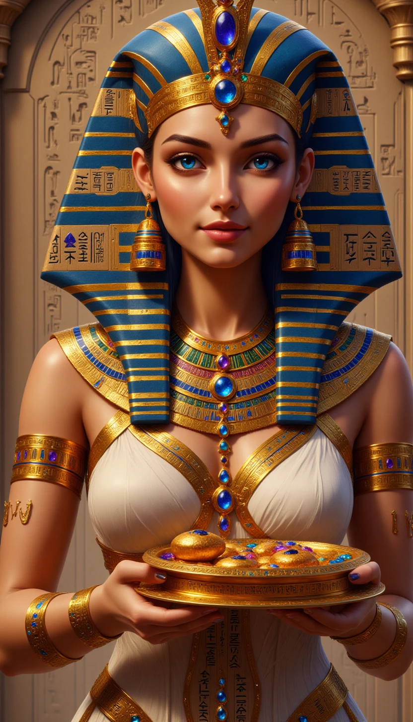 p1nk3gyptstyl3, egyptian,An pretty priestess in a golden headdress, and a royal dress, smiling brightly as they hold up a tray of offerings