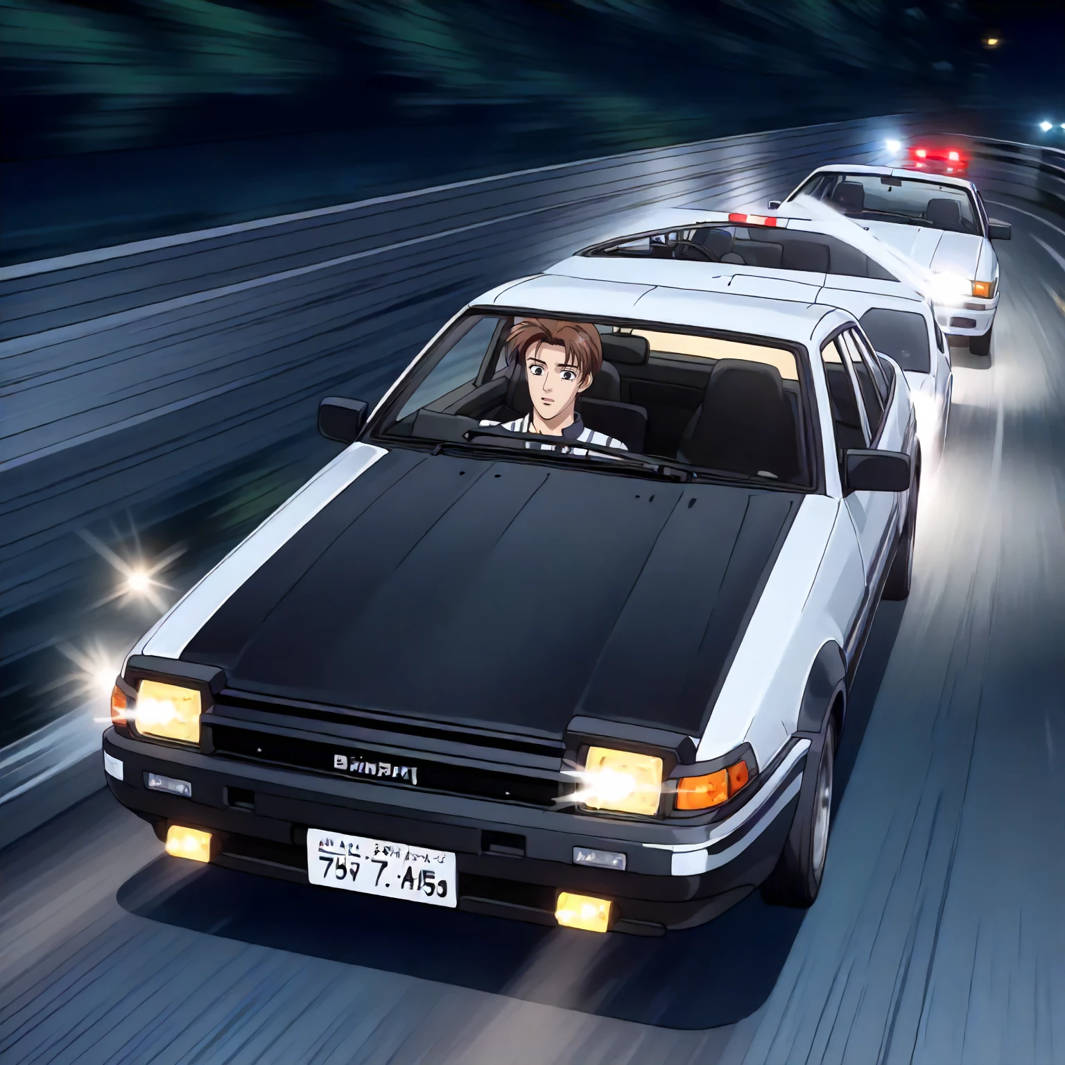 <lora:ID_TakumiFujiwaraXLpony006>,
outdoors,
solo,
TakumiFujiwara,1boy,short hair,brown hair,black eyes,
driving,
AE86,car,drift,lights,glowing,corner,motion_blur,motion line,speed_lines,high-speed,