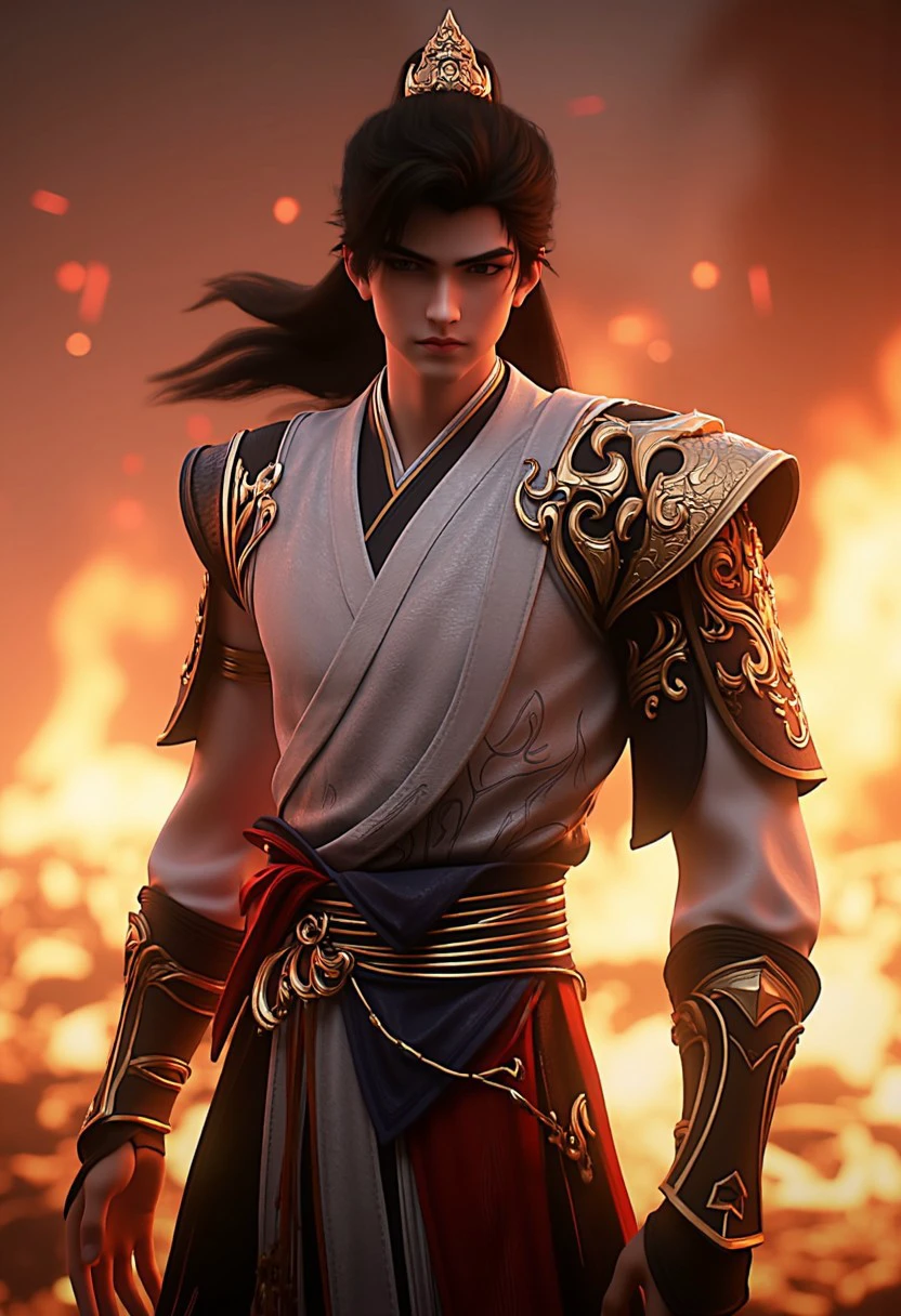 This is a extremely detailed CGI rendering with high quality photo of a young male warrior shihao in high-fashion pose in medium shot, captured in a dramatic, fiery scene. 
The character has a lean, athletic build with a strikingly handsome face featuring sharp, angular features and a determined expression. His long, black hair is tied back into a high ponytail, and he wears an elaborate, traditional Chinese armor that combines elements of ancient and modern design. 
The background is a chaotic scene of intense flames and explosions, suggesting a battle or conflict. The image is highly dynamic and the urgency of the situation with great realism and attention to detail.