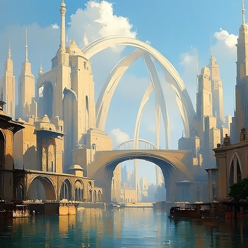 painting of a futuristic cityscape with big arches and bridges
<lora:PAINTINGSTYLEFLUX-000001:1>