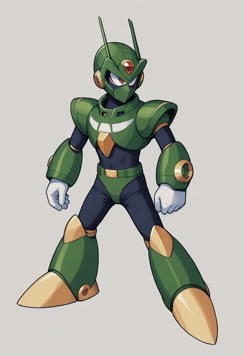 score_9, score_8_up, score_7_up, score_6_up, score_5_up, score_4_up, score_9 , score_8_up, score_7_up, source_anime, 1boy, solo, (sharp eyes), (covered mouth), (robot master), The character in the image is a vibrant and dynamic Reploid from the Mega Man X series. This Reploid has a humanoid design with a sleek, armored body. The head is distinctively topped with a large, yellow helmet that has a cannon-like attachment on the top, adding to its combat-ready appearance. The eyes glow with an intense blue light, giving the character a sharp, focused expression. The torso is solid and compact, featuring a mix of yellow and white armor with red accents that highlight the joints and connection points. The arms are robust and mechanical, with white gloves covering the hands, which are shaped into fists, ready for action, The character's legs are heavily armored, with large, yellow shin guards that add to its sturdy and resilient look. The feet are wide and equipped with strong, metallic soles, ensuring stability and strength in movement, vibrant color palette, futuristic character concept, KEIJI INAFUNE STYLE, <lora:KEIJI INAFUNE>, 1990s style, retro artstyle, anime coloring, traditional media, cel shading, hyperdetailed, 4k, 8k, masterpiece,