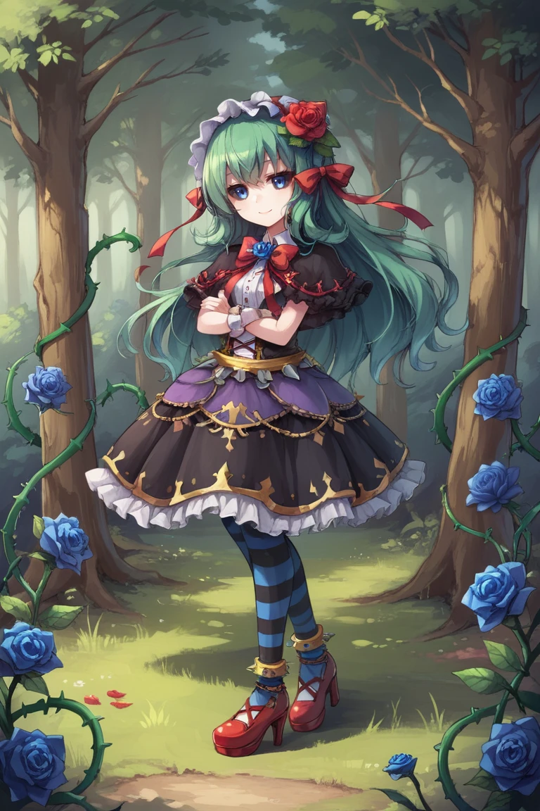 score_9, score_8_up, score_7_up, source anime, BREAK, <lora:Tora:0.70> , tordef, 1girl, solo, long hair, green hair, colored sclera, black sclera, blue eyes, flower, hair flower, blue rose, blue flower, red bow, hair ornament, red ribbon, hair bow, hair ribbon, capelet, frilled capelet, cross-laced clothes, red bowtie, hairband, frilled hairband, layered dress, collared dress, frilled dress, yellow belt, spiked belt, (wrist cuffs), striped, striped thighhighs, horizontal-striped thighhighs, anklet, yellow anklet, spiked anklet, high heels, plant, rose, thorns, vines, full body, looking at viewer, scenery, exterior, outdoors,  <lora:backgroundsetXL:0.2> , background, (solo), smile,   <lora:UNW3LLXLP:0.65> , unw3ll, gloomy, eerie, crossed arms,