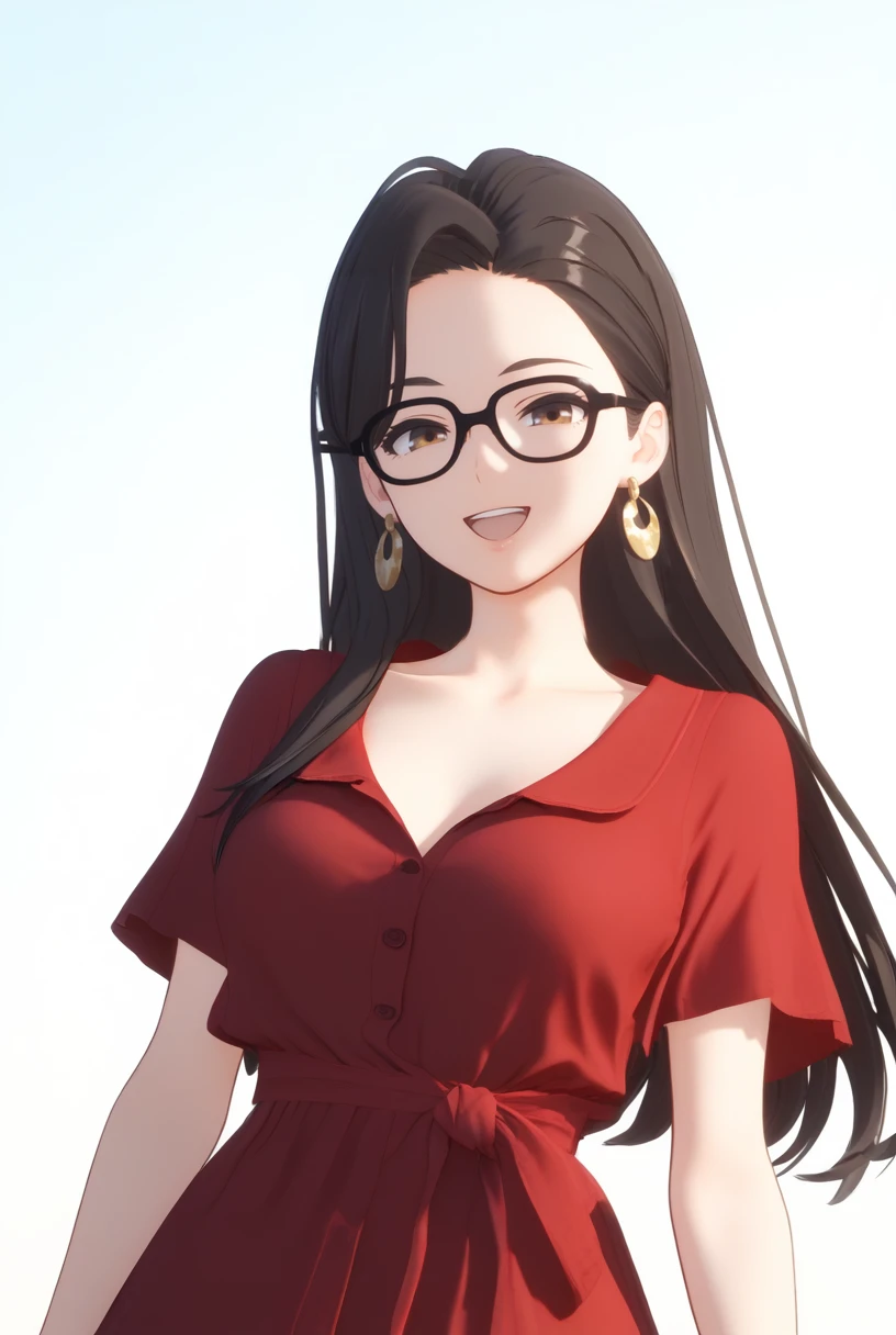 (score_9,score_8_up,score_7_up, ),mature female,<lora:GBC_RW_pony-000020:1>,
GBC_RW,1girl,solo,earrings,jewelry,long hair,black hair,red dress,black-framed eyewear,open mouth,short sleeves,collarbone,brown eyes,smile,looking_at_viewer,front view,(white background:1.2),slender,slender_waist,cowboy_shot,simple_background,3d