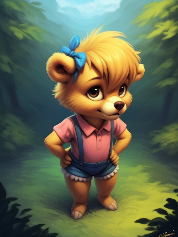 <lora:MollyCunninghambearDom:1> MollyCunninghambearDom, yellow wool, blue ribbons, white panties, shirt, shorts with suspenders, chibi,  small body,
Looks at the viewer, [ solo focus, nature, forest, day, clouds, waterfall,]  ((Hands on hips, standing, high-angle view,))
(beautiful, aesthetic, perfect, delicate, intricate, saturated colors), masterpiece, digital drawing, best quality,
by taran fiddler, by cynicalstarr, by personalami,