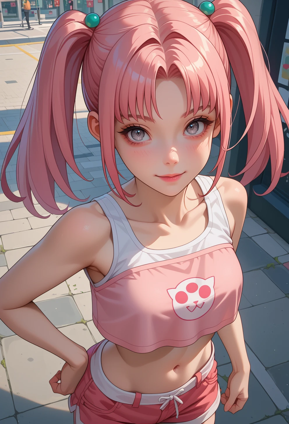 score_9, score_7_up, source_anime, BREAK <lora:AEIda:0.7>  AEIlda, grey eyes, long hair, pink hair, twintails,
crop top overhang, navel, pink_bolero, shorts, from above, smile, pose,