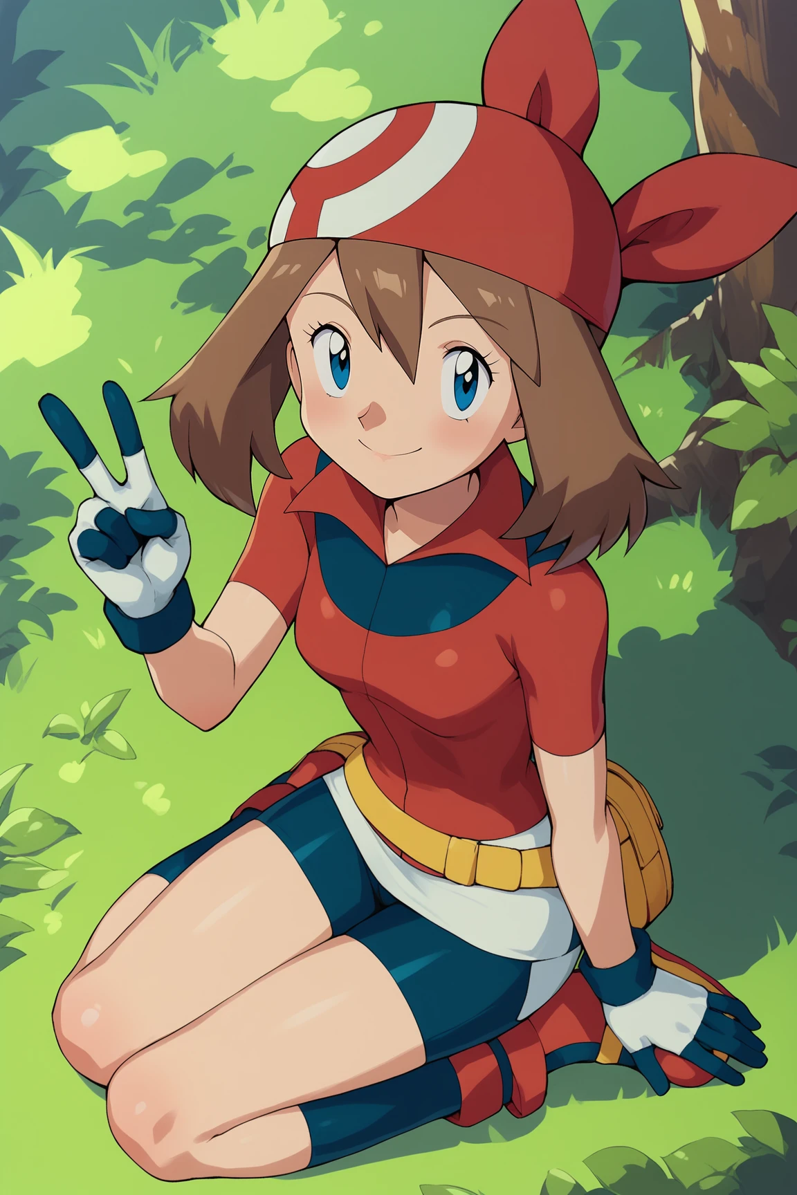 score_9, score_8_up, score_7_up, score_6_up, BREAK, MayPXL, blue eyes, brown hair, short hair, hair between eyes, red bandana, small breasts, red shirt, short sleeves, gloves, white skirt, blue shorts, blue socks, red shoes, solo, full body, sitting, above view, peace sign, seductive smile, looking at viewer, forest <lora:MayPXL:1>