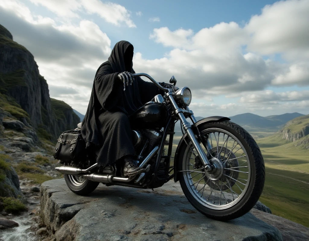 Nazgûl is riding a harley davidson in a lord of the rings scenery landscape <lora:Nazgûl:0.9>