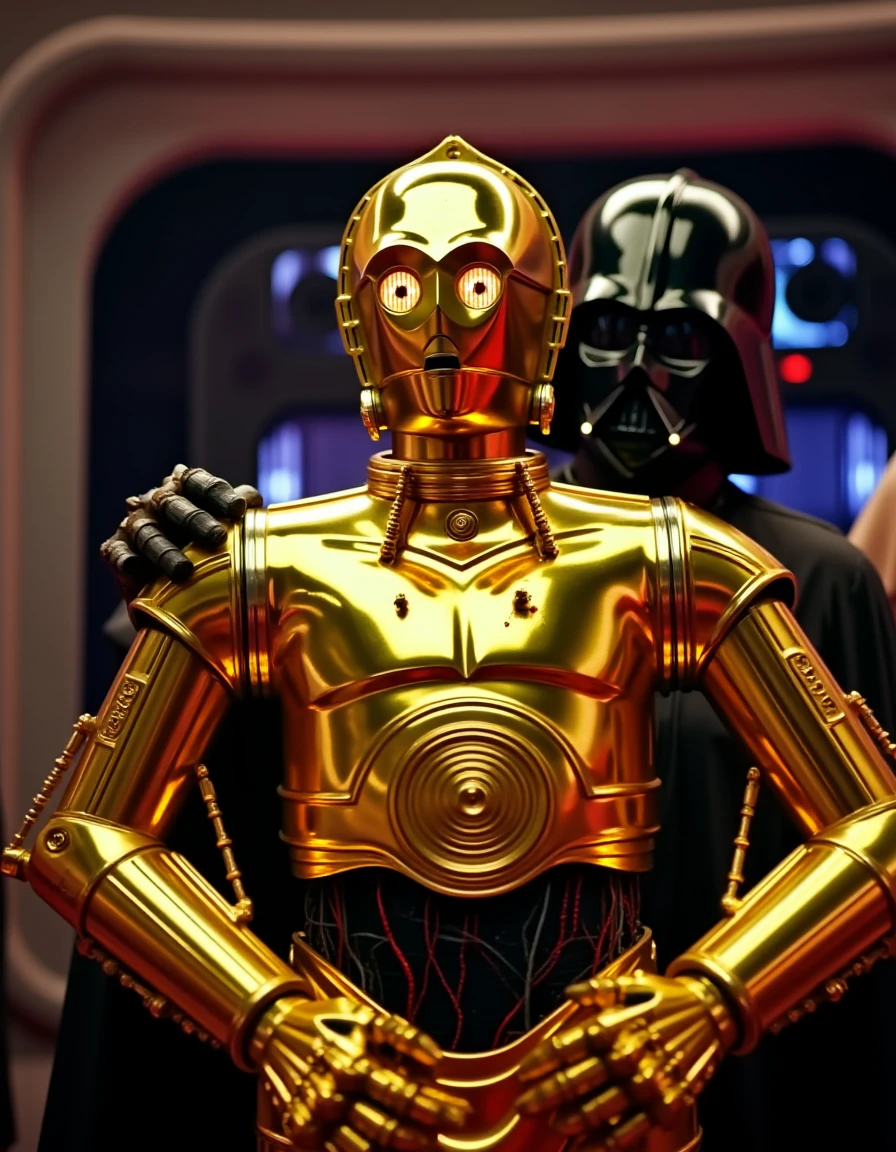 To the right stands C-3PO, a golden, humanoid-shaped droid with a round head and a cylindrical body inside a galactic spaceship. C-3PO's body is covered in (shiny polished:1.3) reflective gold panels, giving it a polished, shiny appearance. darth vader is grabbing his shoulder from behind.The droid's arms are raised above it´s shoulders, and it has a somewhat shocked posture. The droid's face has a slightly human-like expression with a small, black mouth and two small, black eyes,8k,tacksharp, <lora:C-3PO flux.1D:1>