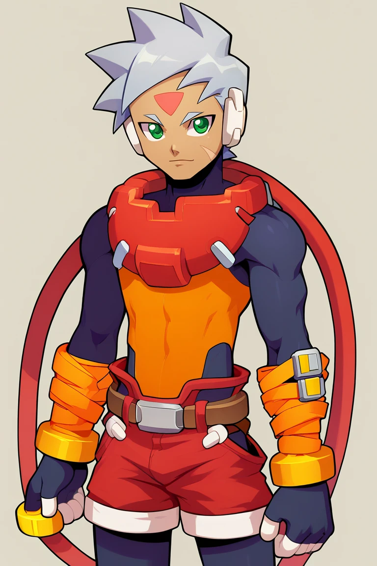 zPDXL2,grey \(mega man\),solo,green eyes,shorts,1boy,facial mark,gloves,fingerless gloves,red shorts,male focus,standing,(cable:1.2) BREAK forehead jewel,bodysuit,dark skin,arm belt,bracelet,grey hair,belt,robot ears,pantyhose,pantyhose under shorts,looking at viewer,shirt,orange shirt,cowboy shot,<lora:vent_Grey:1>,