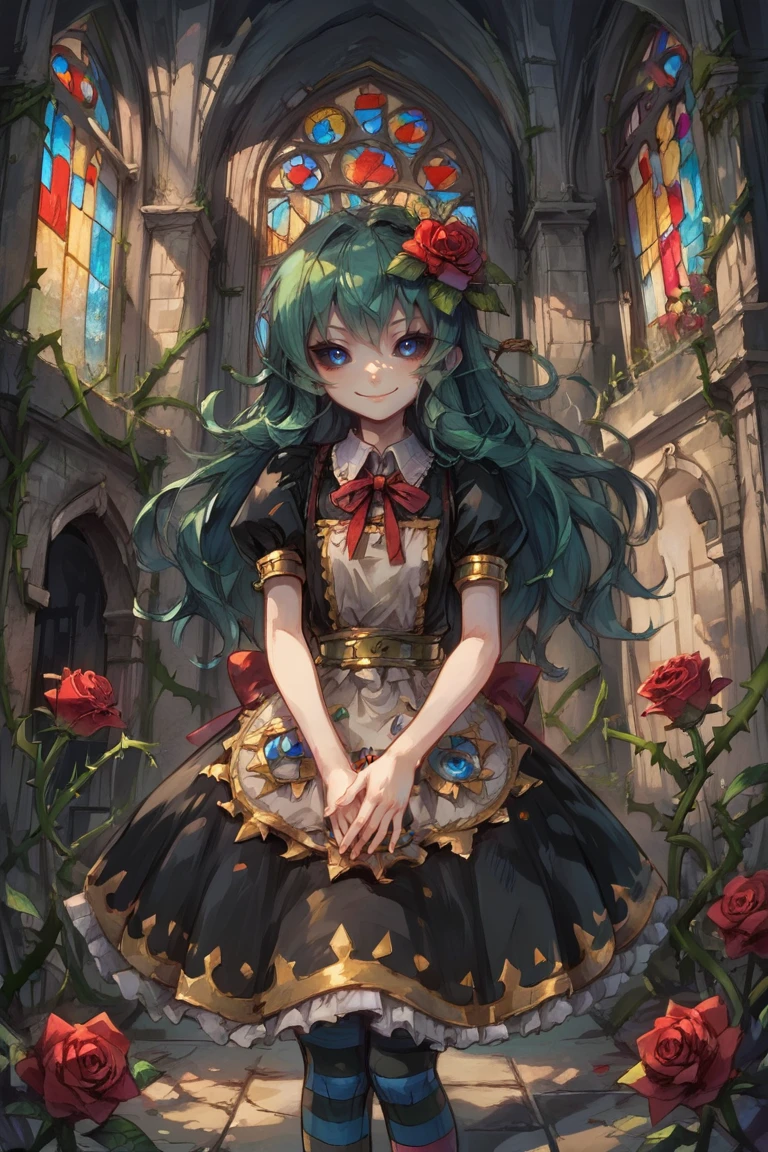 score_9, score_8_up, score_7_up, source anime, BREAK, <lora:Tora:0.80> , tordef, 1girl, solo, long hair, green hair, colored sclera, black sclera, blue eyes, flower, hair flower, hair ornament, red ribbon, neck ribbon, bib collar, black dress, frilled dress, gold trim, juliet sleeves, yellow armlet, spiked armlet, yellow belt, striped thighhighs, horizontal-striped thighhighs, plant, rose, thorns, vines, (cowboy shot), looking at viewer, scenery, exterior,  <lora:backgroundsetXL:0.2> , background, (solo), smile, <lora:hand 4:0.40> , Hand, hands, perfect hands,   <lora:cr33pp41ntXLP:0.7> , cr33pp41nt, <lora:churchXLP:0.2> , stained glass, church, arch,