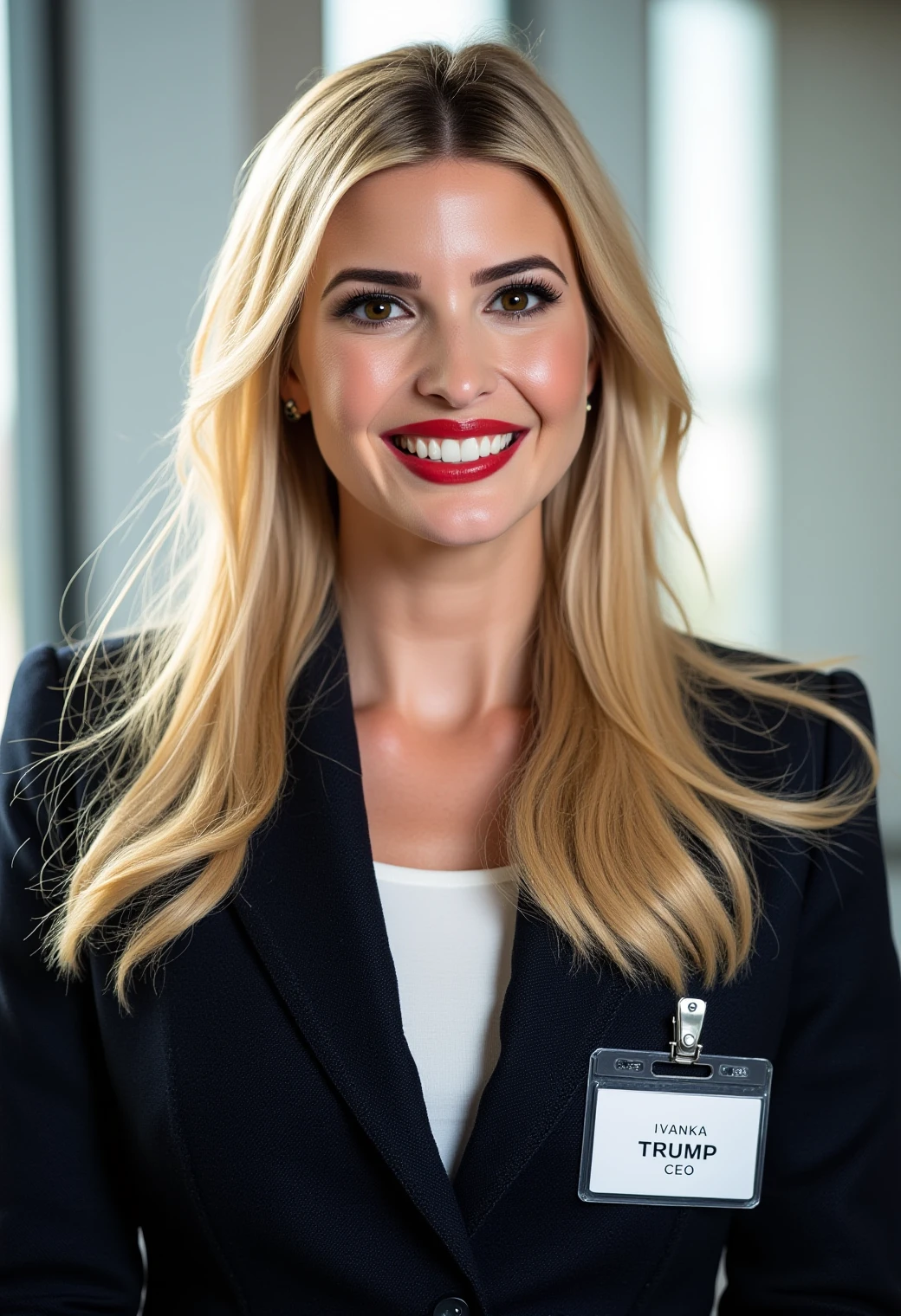 a portrait photo of ivankatrump, a tall woman. She has long blond hair. She is wearing black eyeliner and black eyeshadow and red lipstick. She is smiling widely, showing her teeth. She is wearing a professional business suit. A simple white ID name tag with the printed black text \"Ivanka Trump, CEO\" is clipped to the suit jacket. The background is blurry and shows a modern office, sunlight is shining through windows.