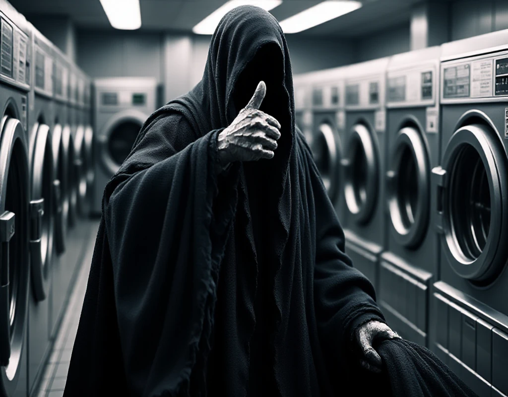 Nazgûl  wearing a cloak, is standing in front of a washing machine in a pressing with a backet of laundry. He give the thumb up to the viewer<lora:Nazgûl:0.9>