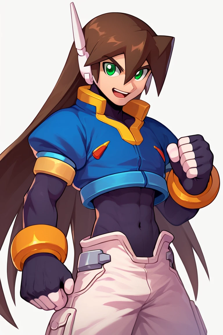 zPDXL2,vent \(mega man\),aged up,1boy,long hair,solo,brown hair,male focus,open mouth,simple background,cropped jacket,green eyes,white background,robot ears,bodysuit,bodysuit under clothes,jacket,white pants,short sleeves,hair between eyes,covered navel,clenched hand,fingerless gloves,smile,bracelet,jewelry,shorts,long hair,gloves,<lora:vent_Grey:1>,