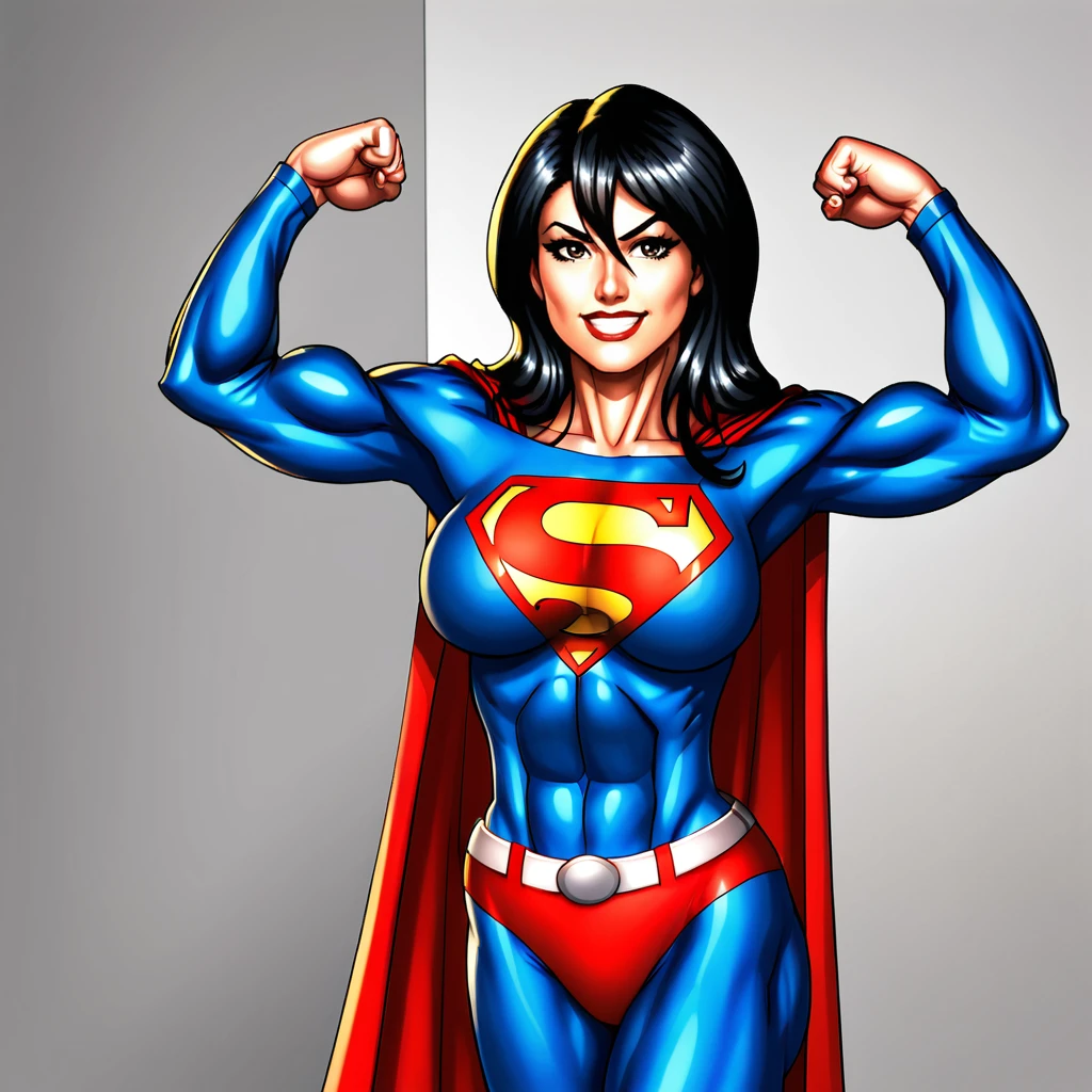 <lora:superwomanfanart_pony_v1:.8>  Superwoman, 1girl, superhero, muscular female, breasts, bodysuit, belt, flexing, abs, hair between eyes, red cape, black long hair