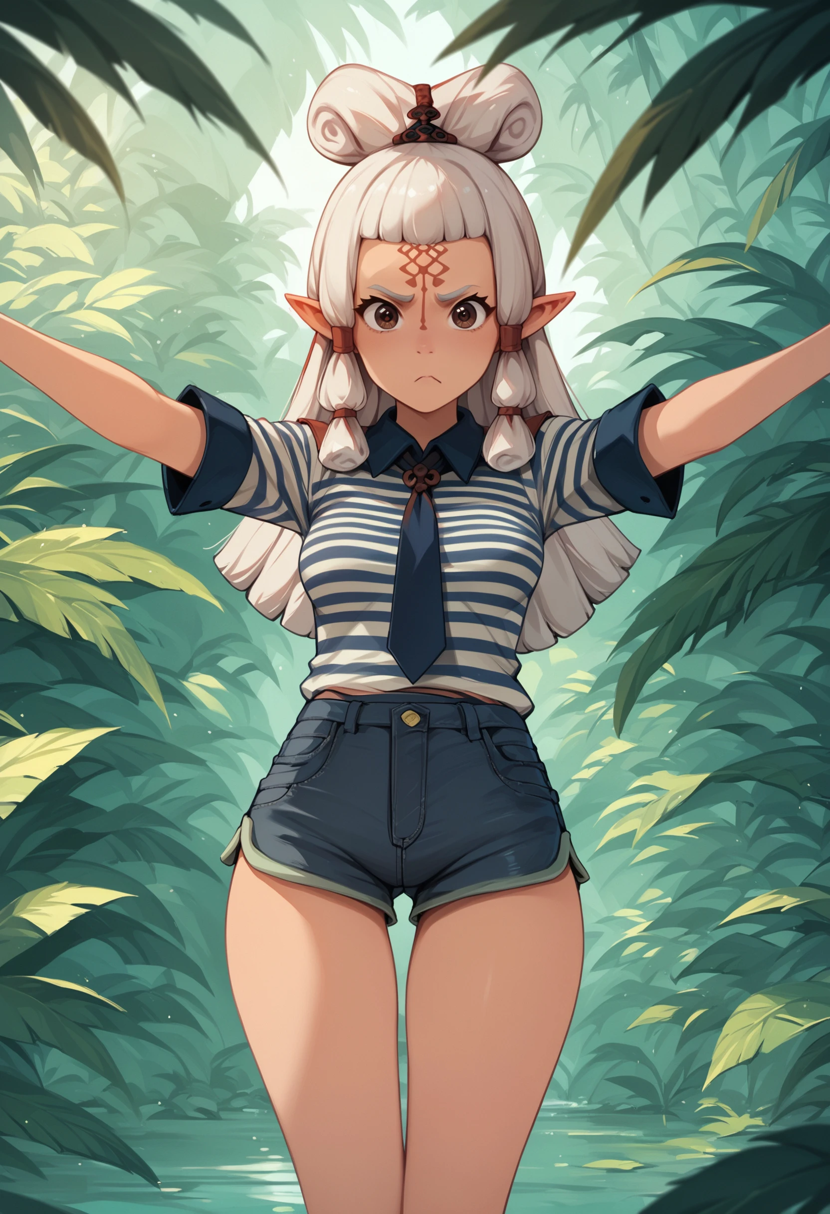 zPDXL3, score_9, score_8_up, score_7_up, score_6_up, score_5_up, score_4_up, 
1girl, solo, medium breasts, 
pointy ears, brown eyes, forehead mark,
annoyed, spread arms, 
striped shirt, shorts, 
jungle,
<lora:BOTW - Paya v1:1> bowpaya,