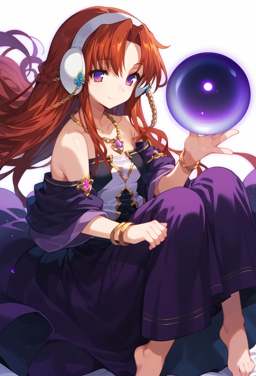 score_9, score_8_up, score_7_up, source anime, willis fujisaki, 1girl, solo, long hair, red hair, jewelry, smile, dress, bracelet, purple eyes, bare shoulders, necklace, orb, braid, white background, earmuffs, barefoot, <lora:willis_fujisaki-xl-pony-v1:1>,