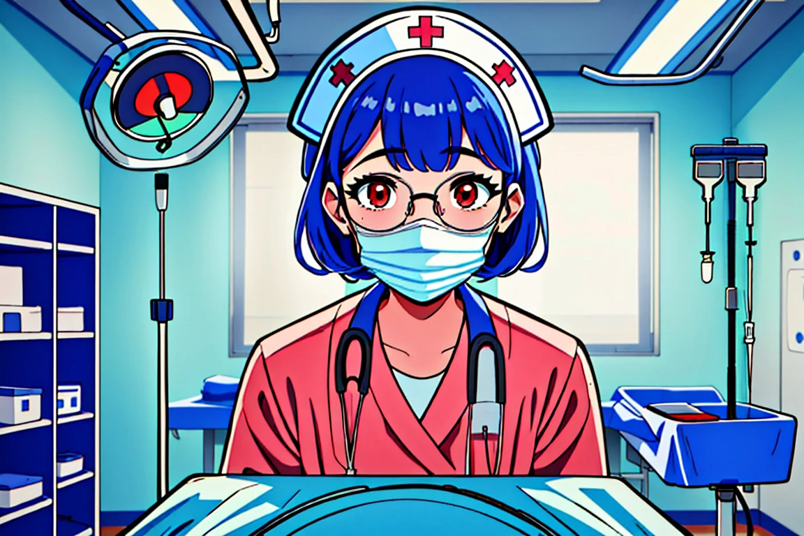 (RAW photo, centered, indoor, best quality),
 <lora:Nurse behind or_V2.0-000004:0.7>  nurse_or_behind_table, indoors, surgical mask, 1girl, looking at viewer, nurse, hospital bed, intravenous drip, stethoscope, nurse cap,solo, <lora:Aya Miiko_3dCG_V3.0:0.8> aya miiko, 3dcg03, 1girl, solo, red eyes. blue hair,glasses,