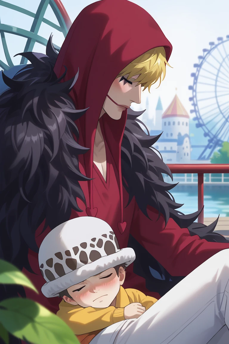 score_9, score_8_up, score_7_up, source_anime, rating_safe, bloom, foreground leaf blur, father and son focus, sitting, CorazonOP, blonde_Corazon_male hair, blue-red_Corazon_makeup, blush lines, 1boy, trafalgar law, grey-white_Law_patterned hat, black_Law_hair, closed mouth, sleeping on lap, 1male-child, intricately detailed illustration, blurry amusement park background, ferris wheel