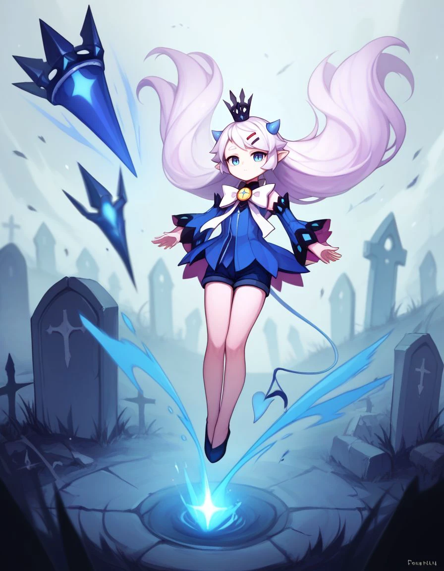 score_9,score_8_up,score_7_up, BREAK  , 1girl, solo,   <lora:Luciela-Elsword_Character:1> luciela r. sourcream , petite,  cone horns, small horns,  mini crown,blue dress,   white bow,  detached sleeves, shorts, long hair,  solo, hovering , floating, legs together, swirling dust on the ground , full body, in the air,  in a graveyard, supernatural lighting , moonlight,