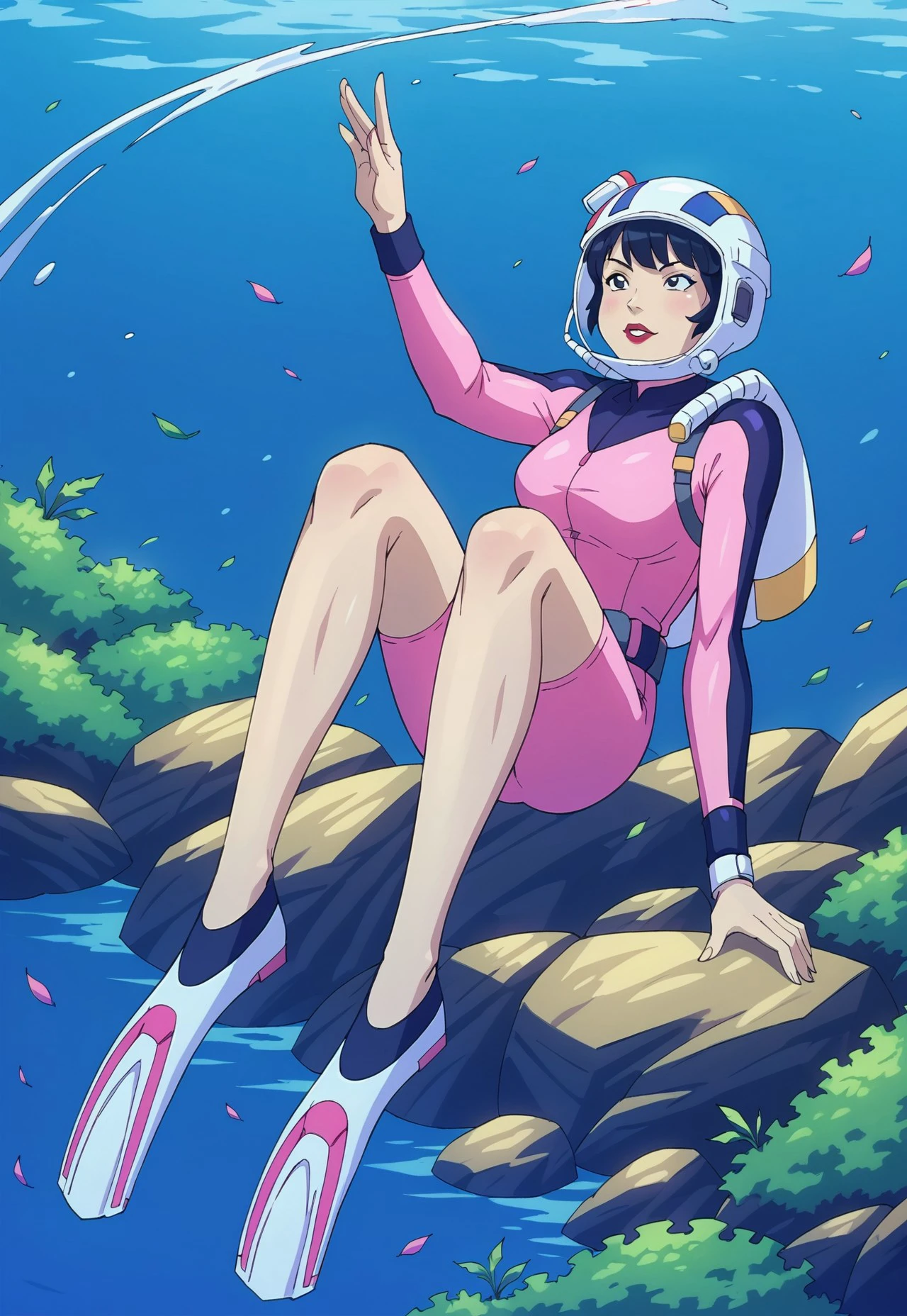 score_9, score_8_up, score_7_up, score_6_up, source_anime:0.75, source_cartoon:0.25, retro artstyle, 1990s \(style\),
BREAK
(blue divehelm-c helmet, pink divingsuit-c), 1girl, solo, short hair, black hair, full body, blue background, underwater, pink diving suit, pink flippers, red lips, scuba tank,
BREAK
detailed background, coral, seaweed, rocks, ocean floor, sunbeam, air bubble, sea life.