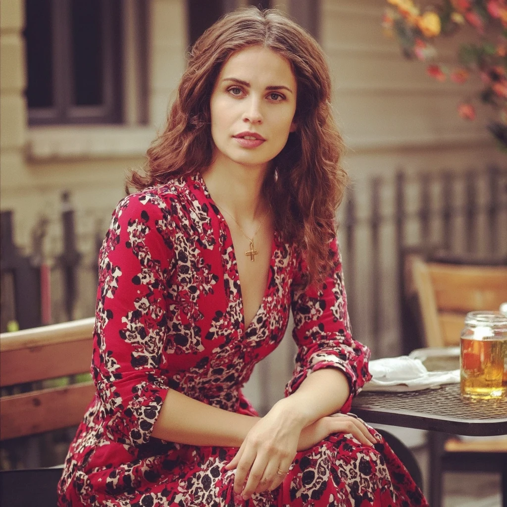 A portrait of heida_reed seated in an outdoor cafe. She wears a vibrant red dress with a leopard print pattern. Her long, wavy brown hair flows down her back, and she wears a delicate necklace with a cross pendant. The woman's pose is relaxed, with one arm resting on her knee and the other hand gently touching her chest. The background is blurred, highlighting the woman as the main subject. The warm color palette consists of reds, browns, and golds, creating a cozy and inviting atmosphere.
