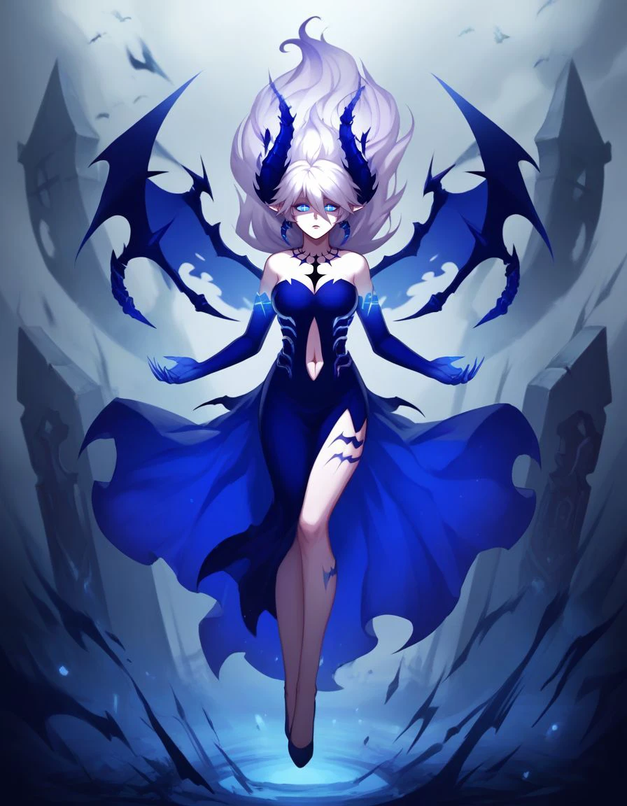 score_9,score_8_up,score_7_up, BREAK  , 1girl, solo,   <lora:Luciela-Elsword_Character:1> luciela r. sourcream , diabla , alternate form, mature female, symbol-shaped pupils,  hair between eyes, navel cutout, gradient skin , strapless dress , elbow gloves, solo, hovering , floating, legs together, swirling dust on the ground , full body, in the air,  in a graveyard, supernatural lighting , moonlight,