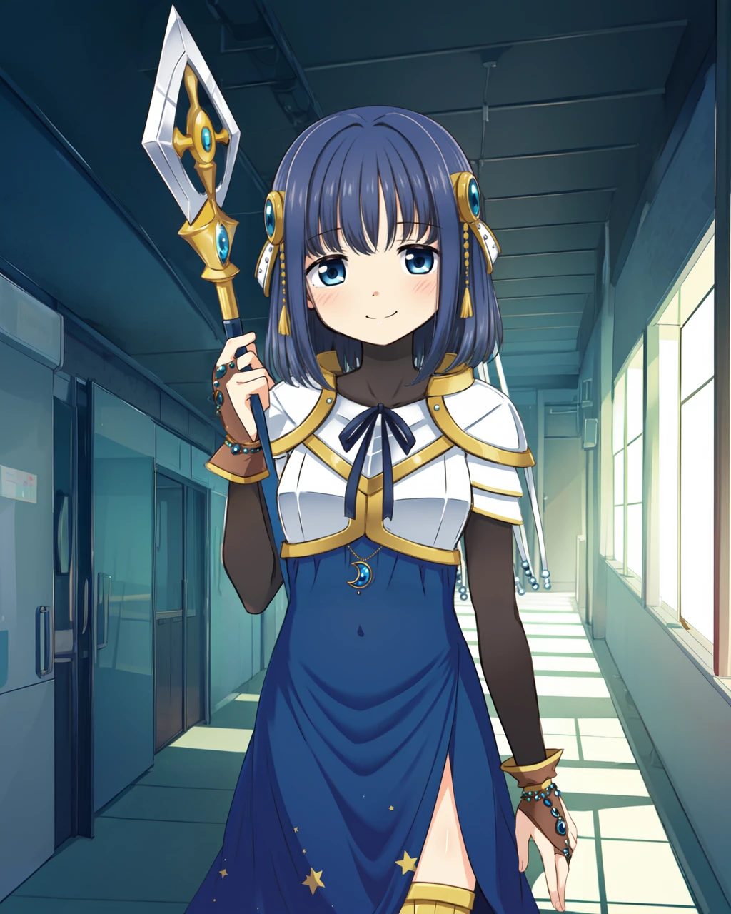 masterpiece, high quality, mgrcyoungeryachiyo, 1girl, blue hair, blue eyes, upper body, medium shot, dynamic pose, white string veil with gems, blue bowtie, blue crescent gem on chest, black turtleneck shirt, white with yellow breastplate, long blue dress, brown gloves with gems, indoors, corridor, night, light smile, holding halberd, <lora:mgrcyoungeryachiyo:0.85>