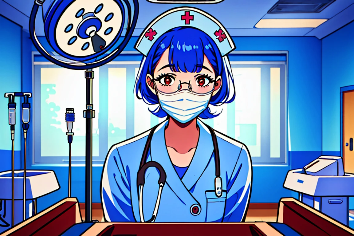 (RAW photo, centered, indoor, best quality),
 <lora:Nurse behind or_V2.0-000004:0.7>  nurse_or_behind_table, indoors, surgical mask, 1girl, looking at viewer, nurse, hospital bed, intravenous drip, stethoscope, nurse cap,solo, <lora:Aya Miiko_3dCG_V3.0:0.8> aya miiko, 3dcg03, 1girl, solo, red eyes. blue hair,glasses,