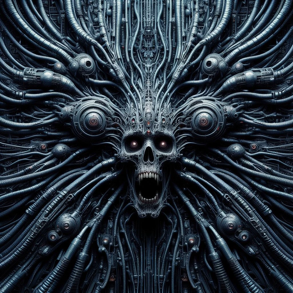 This image is a highly detailed, CGI-rendered artwork featuring a futuristic, abstract, and intricate design. The central focus is an eldritch abomination that resembles a complex, biomechanical entity. The artwork is rendered in a dark, metallic, and industrial color palette with shades of blue and silver, giving it a high-tech, futuristic aesthetic.