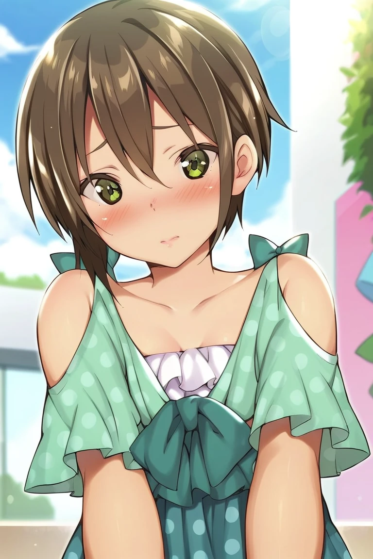 solo, 1boy, male, otoko_no_ko-kun, embarrased, blush, BREAK green dress, frills, bow, polka dot, bare shoulders, green skirt, BREAK outdoors, mall, colorful, looking at viewer, portrait, BREAK ((ultra-detailed)), ((best quality)), ((best quality)), ((beautiful eyes)), ((extremely detailed)), 4K, (8K), best quality, (beautiful), Master piece, highres, score_9, score_8_up, score_7_up, score_6_up, score_5_up, score_4_up, colorful, best quality, official art, highres, masterpiece, nai3, god light, detailed background, high quality background, <lora:Otoko_no_ko-kun:0.9>