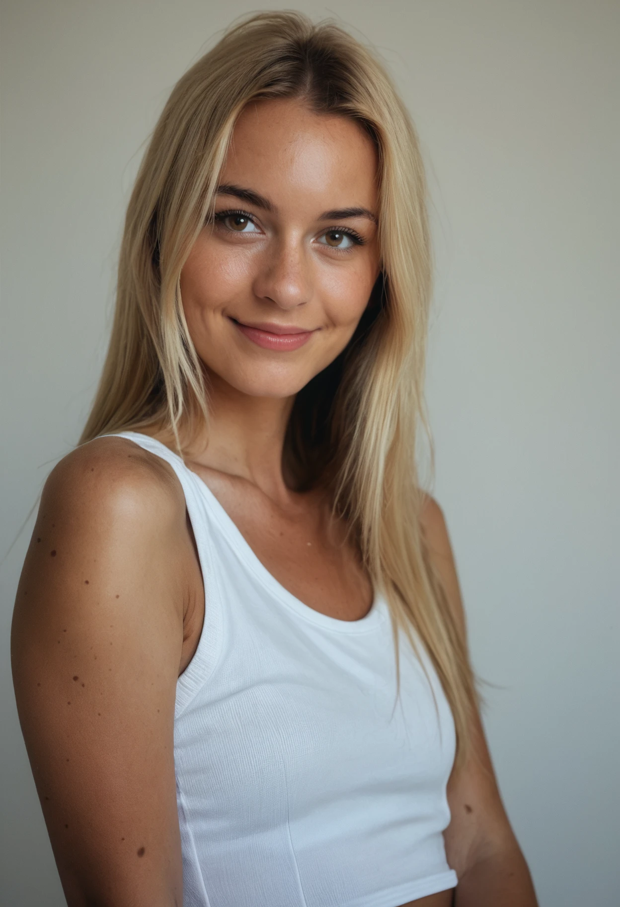 score_9, score_8_up, score_7_up, photo, photorealistic, <lora:Giada_Salvi_giady16_-_Italian_Influencer_-_PonyXL:0.8> 1girl, solo, giady16, long hair, blonde hair, brown eyes, smile, tan skin, tan-skinned female, tank top, portrait, facing viewer