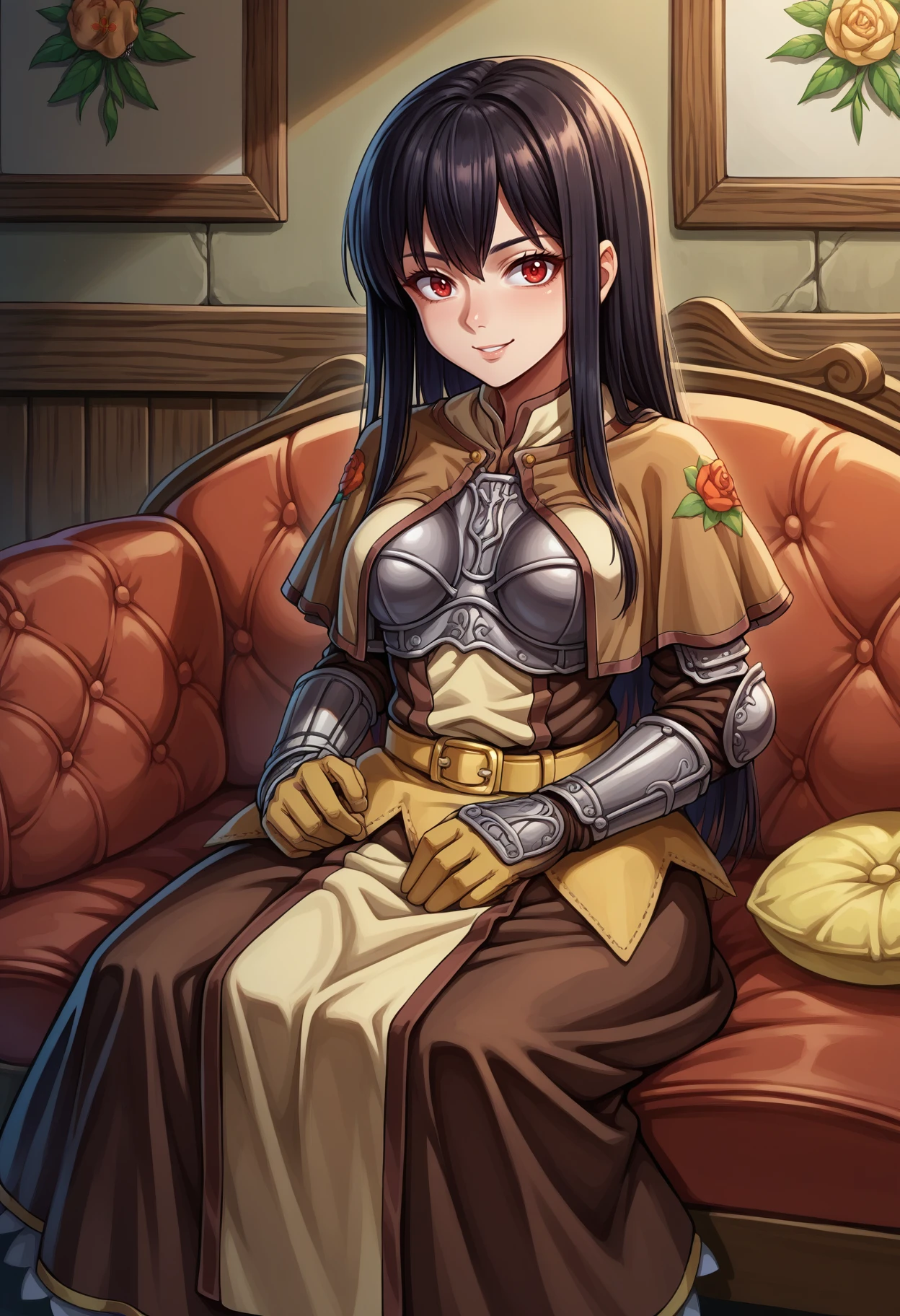 score_9, score_8_up, source_anime, 1girl, solo, black hair, long hair, red eyes, SwrdsmnClth, brown capelet, print capelet, floral print, breastplate, brown dress, gauntlets, brown gloves, belt, pelvic curtain, brown skirt, long skirt, sitting, indoors, on couch, smile, <lora:ChamFemaleSwordsmanClothesPonyXL:1>