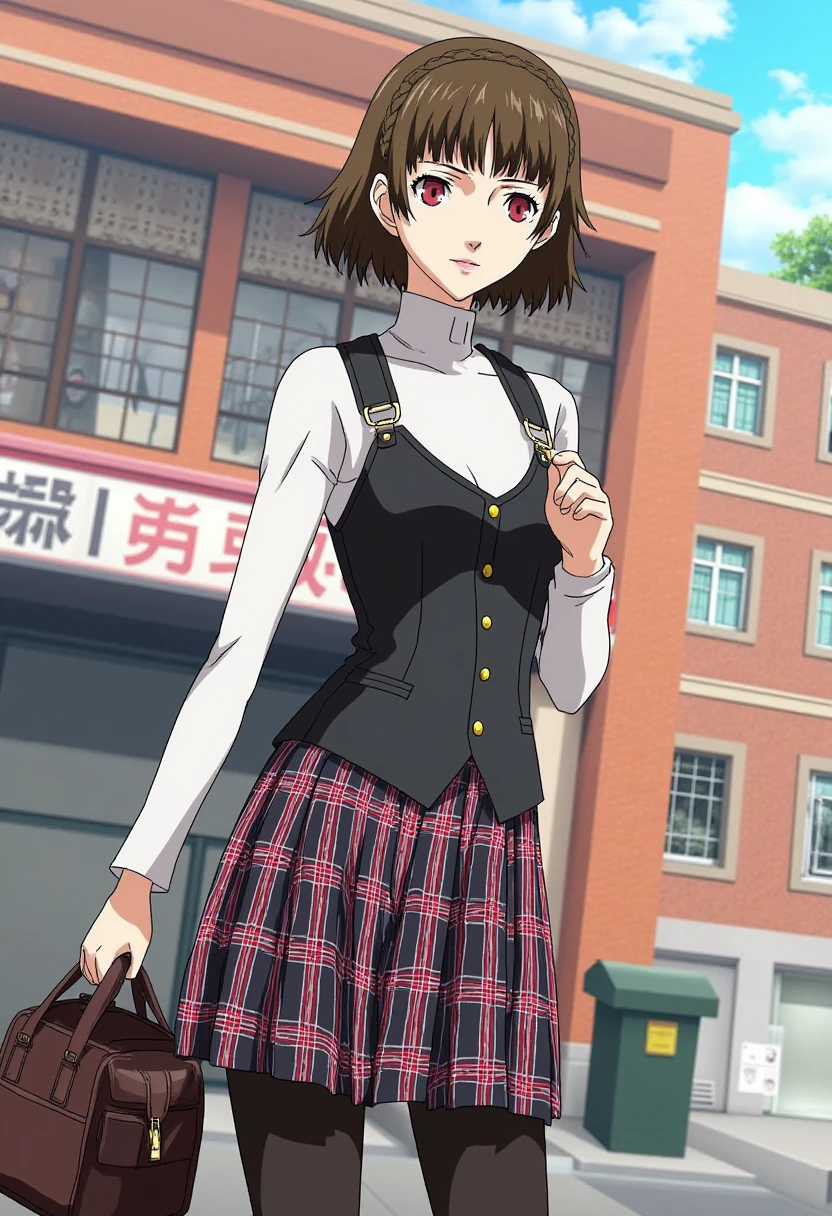 <lora:persona5_niijima_makoto_flux_v1_2-000005:1>, niijima_makoto
 She is dressed in a black and red plaid skirt that has a pleated design, paired with black tights. Her top consists of a high-collared, white long-sleeve shirt underneath a black fitted vest with gold buttons. She completes the look with dark brown ankle boots that feature a front zipper.  
She is carrying a school bag. She stands in front of a school building, looking at the camera with a smile.
Anime style, sharp, high contrast and highly detailed. Ghibli anime style. Perfect anatomy. Perfect body ratio. No oversized head. No blurry, out of focus pictures. No simple background, no single color background.