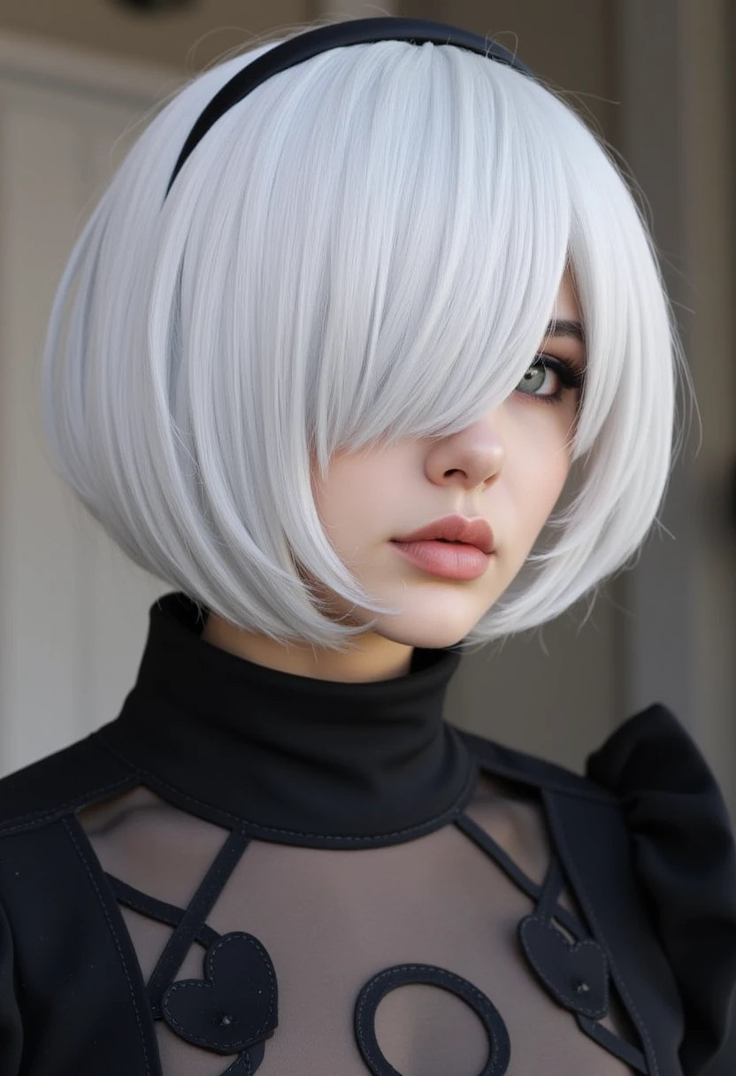 realistic photo, 2B yorha, platinum bob,

