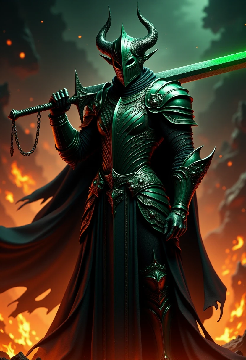 <lora:Dark_Knights_Flux-000001:1> dark gothic fantasy style. flux_dk in a dramatic, fiery landscape, wearing dark, ornate armor. The armor is a deep, dark metallic green. He is holding a long sword with a glowing green blade over his shoulder.