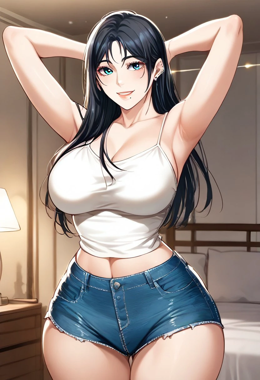 score_9, score_8_up, score_7_up, ASCII masterpiece, source_anime, BREAK, 1girl, solo, (( <lora:jang_si-hyun:1> , jang_si-hyun, thin waist, wide hips, beautiful skin, piercing blue eyes, clear eyes, bright pupils, beautiful eyes, beautiful black hair, beautiful long hair, huge and shaggy breasts, natural beauty, extraordinary beautiful woman, attractive woman, super sexy woman, lustful body, sexy woman with seductive obscene body, sensual body, voluptuous body, sexy beauty, no piercings, no piercing, )) , ((sexy white camisole, midriff, sexy denim shorts, )) , sexy pose, cowboy shot, seducative smile, sexy, hands behind head, inside hotel room, morning lights,