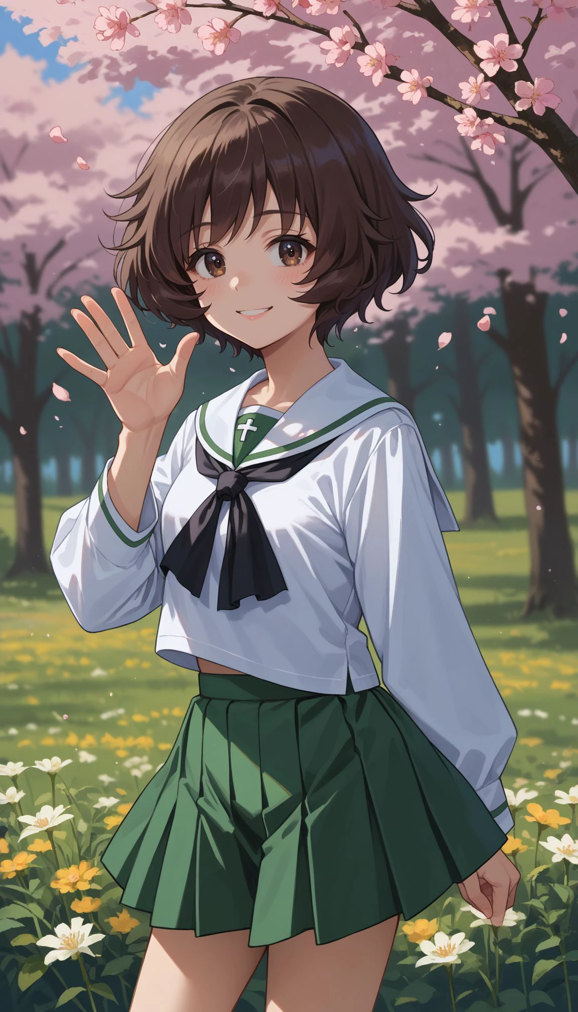 score_9, score_8_up, score_7_up, source_anime,
 <lora:Akiyama:0.8> 1girl, akiyama yukari, short hair, messy hair, bangs, brown hair, brown eyes,  ooarai school uniform,white sailor collar,black neckerchief,white shirt,long sleeves,green skirt,(black socks:1.2),loafers,outdoors,cherry blossoms,standing,cowboy shot,smile,waving, flower field