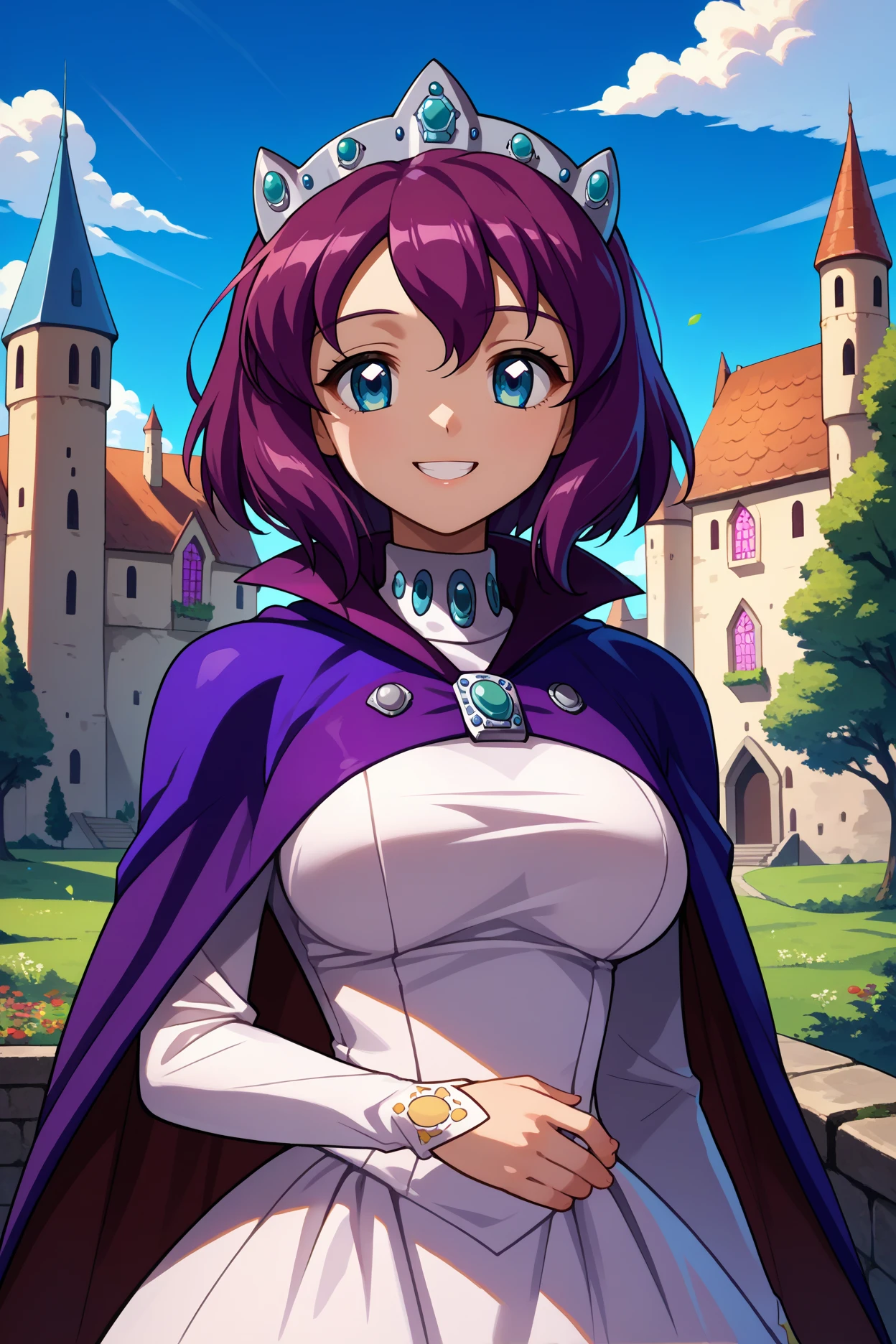 score_9, score_8_up, score_7_up, score_6_up, source_anime, 1girl, solo,  <lora:henrietta-pdxl-nvwls-v1-000005:1> hrta, purple hair, short hair, blue eyes, crown, purple cape, brooch, long sleeves, white dress, large breasts, looking at you, happy, blue sky, medieval, castle, clouds, trees, upper body, smile