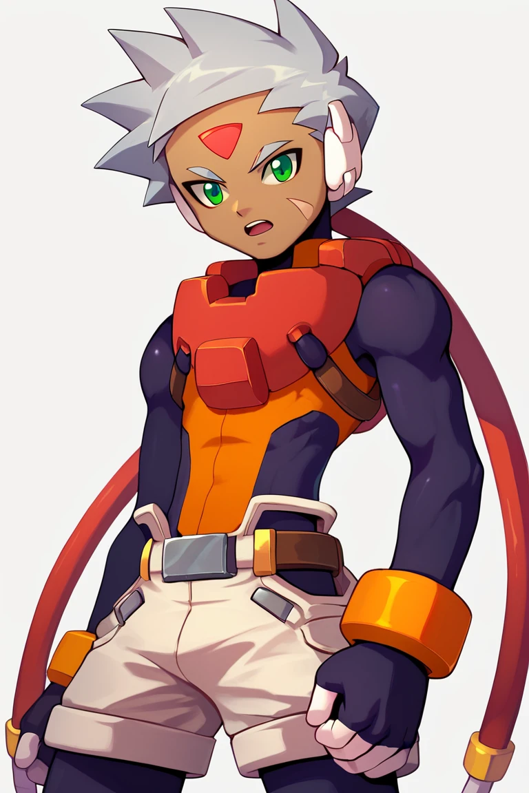 zPDXL2,grey \(mega man\),solo,green eyes,grey hair,shorts,bodysuit,dark skin,looking at viewer,1boy,gloves,cable,forehead jewel,fingerless gloves,male focus,robot ears,facial mark,belt,open mouth,bracelet,white background,arm belt,shirt,orange shirt,<lora:vent_Grey-000009:1>,