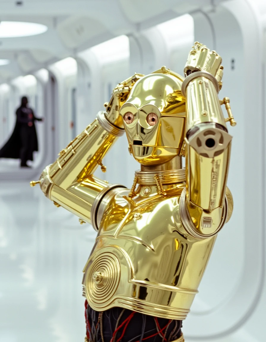 This is a still image from the 1977 science-fiction film "Star Wars: Episode IV - A New Hope." The scene is set in a futuristic, sterile white corridor of a spaceship.To the right stands C-3PO, a golden, humanoid-shaped droid with a round head and a cylindrical body. C-3PO's body is covered in shiny polished reflective gold panels, giving it a polished, shiny appearance. darth vader can be seen in the reflection.The droid's arms are crossed above it´s head, and it has a somewhat shocked posture. The droid's face has a slightly human-like expression with a small, black mouth and two small, black eyes,8k,tacksharp, <lora:C-3PO flux.1D:1>