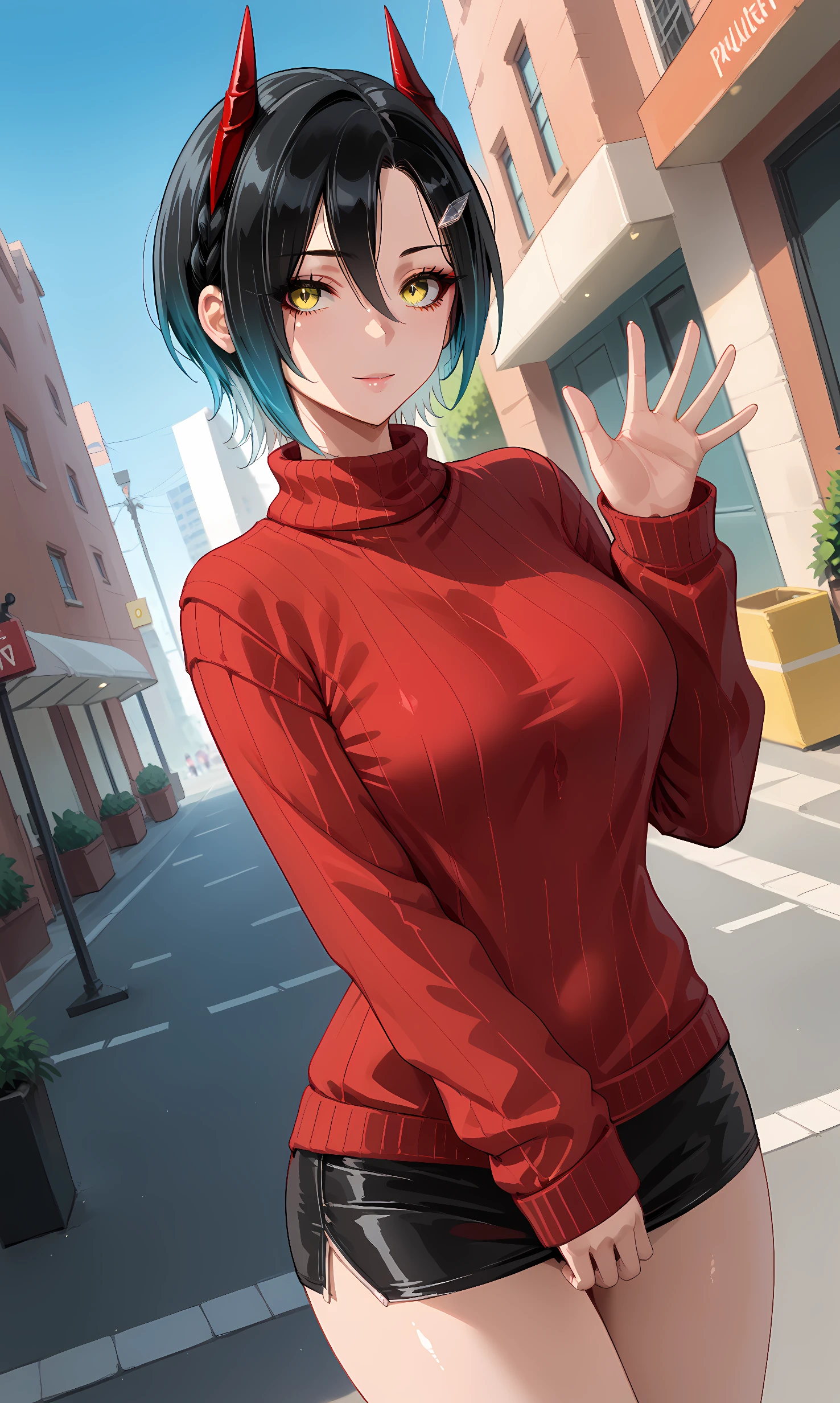 score_9, score_8_up, score_7_up, BREAK source_anime, 1girl, solo, outdoors, street, cowboy shot, standing, looking at viewer, shiny skin, ulrich, yellow eyes, black hair, short hair, gradient hair, red horns, hair ornament, red sweater, ribbed sweater, turtleneck, long sleeves, waving, dutch angle