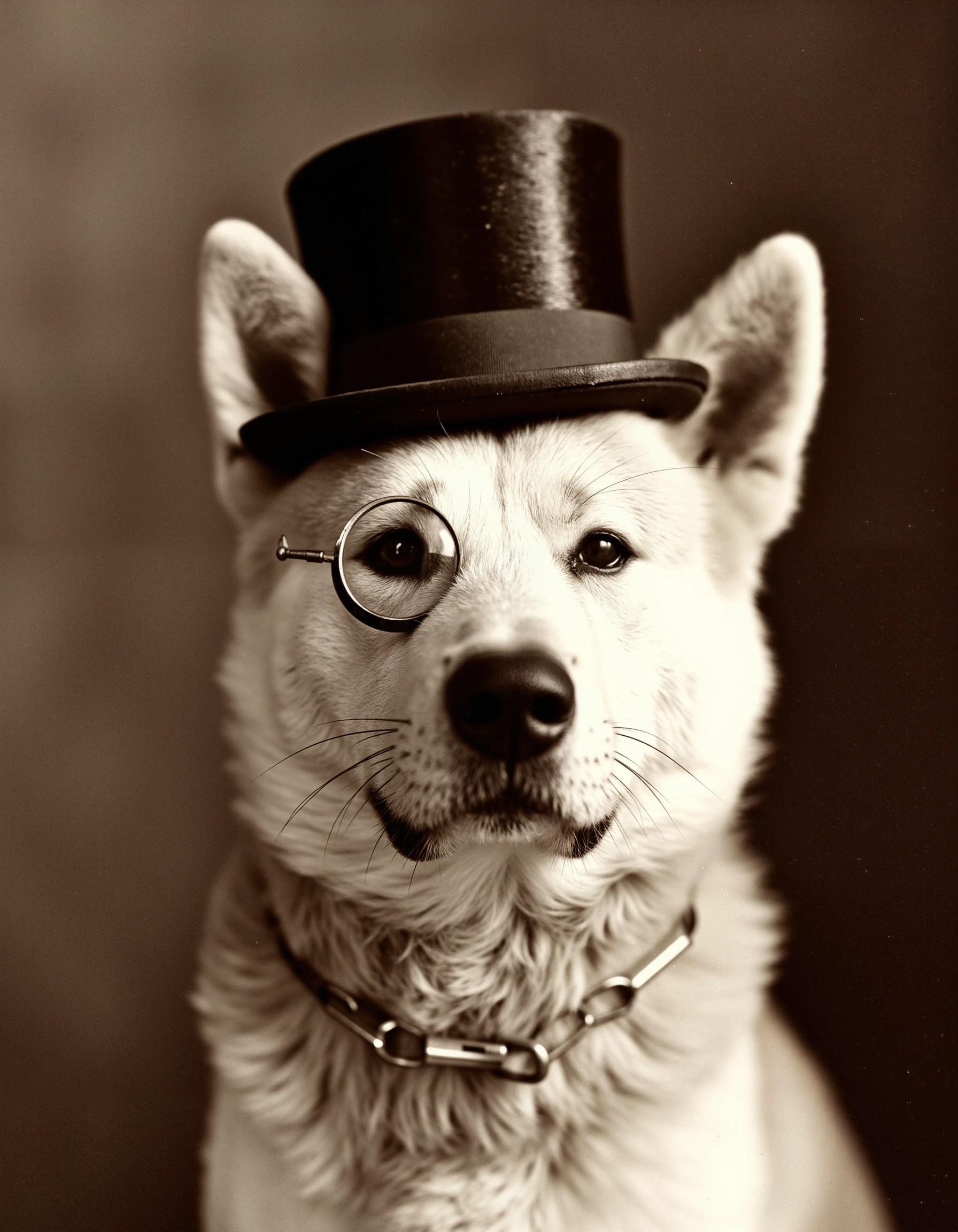 photograph in the style of VCTRN, yujin akita inu dog with a monocle in his eye, serious and formal with hat