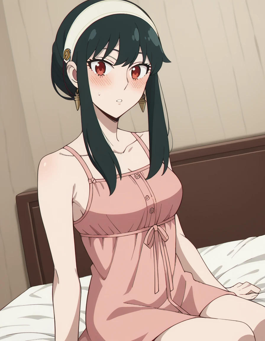 score_9, score_8_up, score_7_up, source_anime, yorbriar, <lora:yor-briar-s1-ponyxl-lora-nochekaiser:1>, yor briar, black hair, red eyes, earrings, white hairband, hairband, long hair, sidelocks, medium breasts,, <lora:negligee-ponyxl-lora-nochekaiser:1>, negligee, sleeveless, underwear,, bed, bed room, on bed, wariza, sitting, blush, from side, parted lips, collarbone,, cowboy shot, dutch angle, looking at viewer,