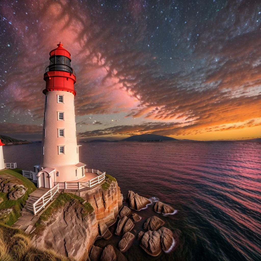 masterpiece, intricate photo, lighthouse with red-white colored ring-sections on a rock in the ocean bay near a fisher village, photo realistic, hyper realistic, highly detailed, sharp focus, best quality, high resolution, 8K, HDR, NewLighthouseEmbedding:1.0