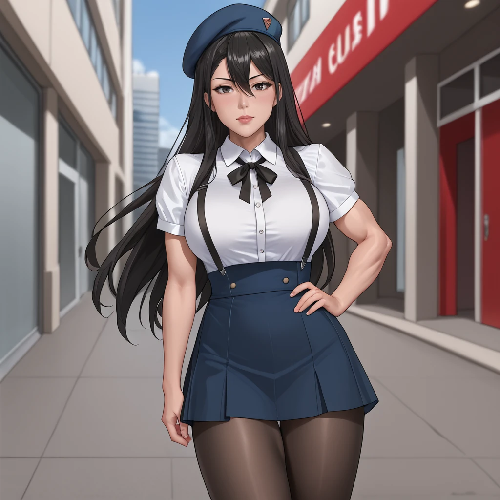 <lora:superwomanfanart_pony_v1:.8>  Superwoman, solo, 1girl, muscles, breasts, hair between eyes, black long hair, <lora:0902 Home wear 5_v1_pony:1> ruanyi0902,beret,black ribbon,collared shirt,black pantyhose,high-waist skirt,white shirt,suspenders