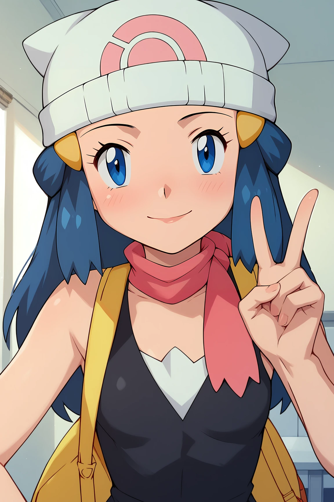 score_9, score_8_up, score_7_up, score_6_up, BREAK, DawnPXL, blue eyes, blue hair, long hair, ornament hair, white beanie, small breasts, yellow bag, pink scarf, sleeveless, black shirt, solo, front view, peace sign, (portrait, upper body), solo focus, seductive smile, looking at viewer, indoors  <lora:DawnPXL:1>